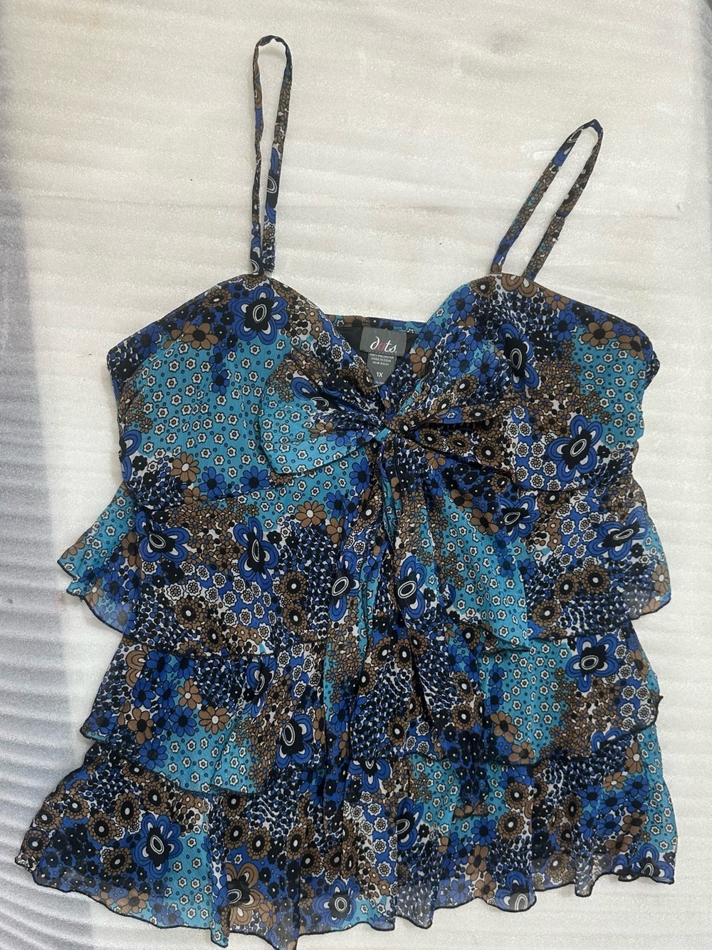 Dots, Blue and Turquoise Floral Print 3 Layer Ruffled Top (1X)